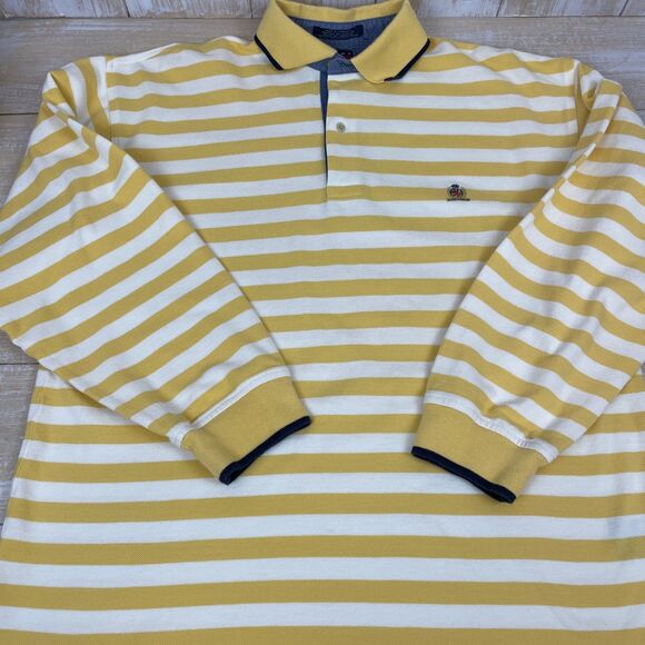 VTG Tommy Hilfiger Mens Long Sleeve Polo Shirt L Yellow Stripe Crest 1/4 Button - Picture 9 of 9
